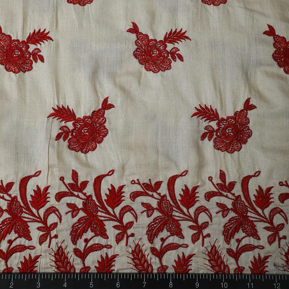Beige-Red Color Embroidered Muga Silk Fabric