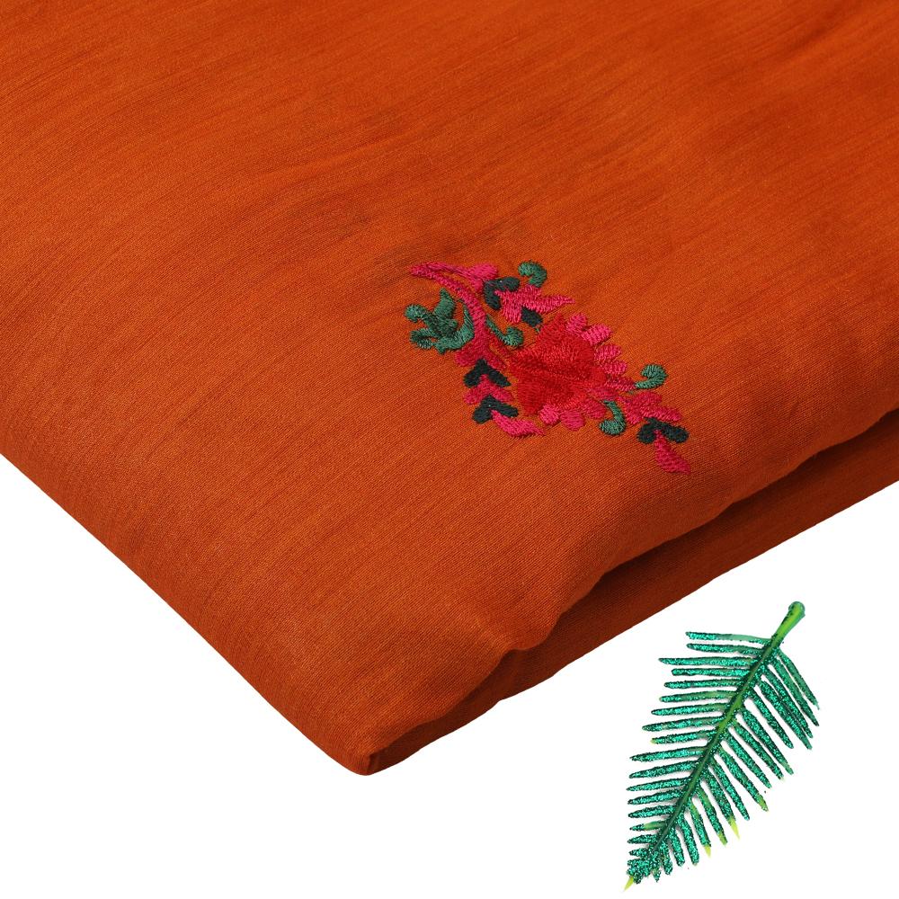 Orange-Pink Color Embroidered Natural Silk Fabric