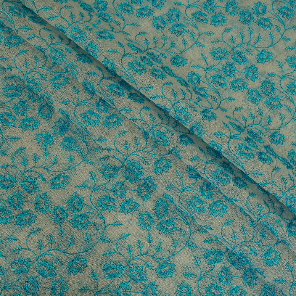 White-Blue Color Embroidered Chanderi Fabric