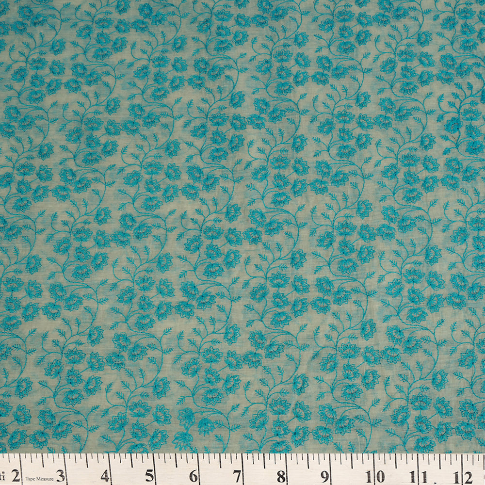 White-Blue Color Embroidered Chanderi Fabric