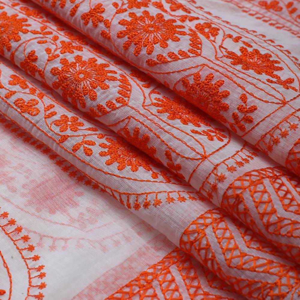 Orange Color Embroidered Fine Chanderi Fabric
