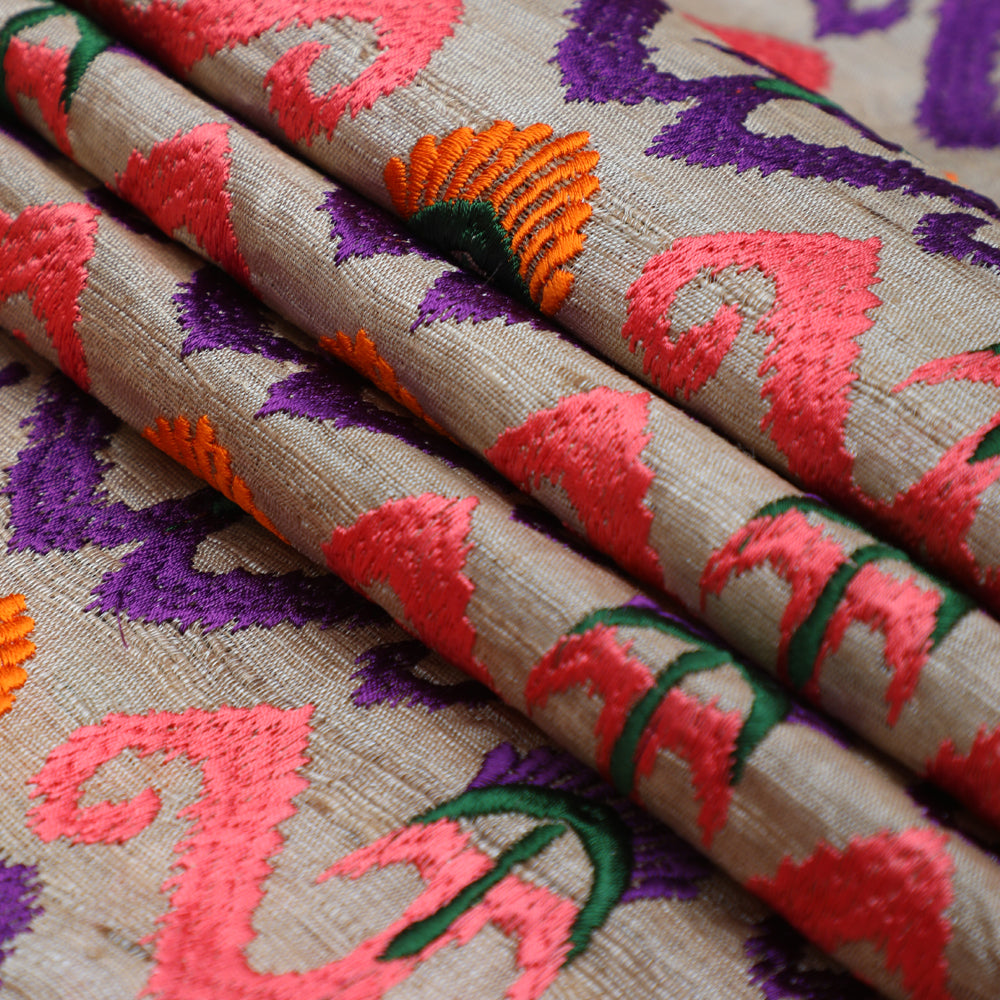 Multi Color Embroidered Tussar Silk Fabric
