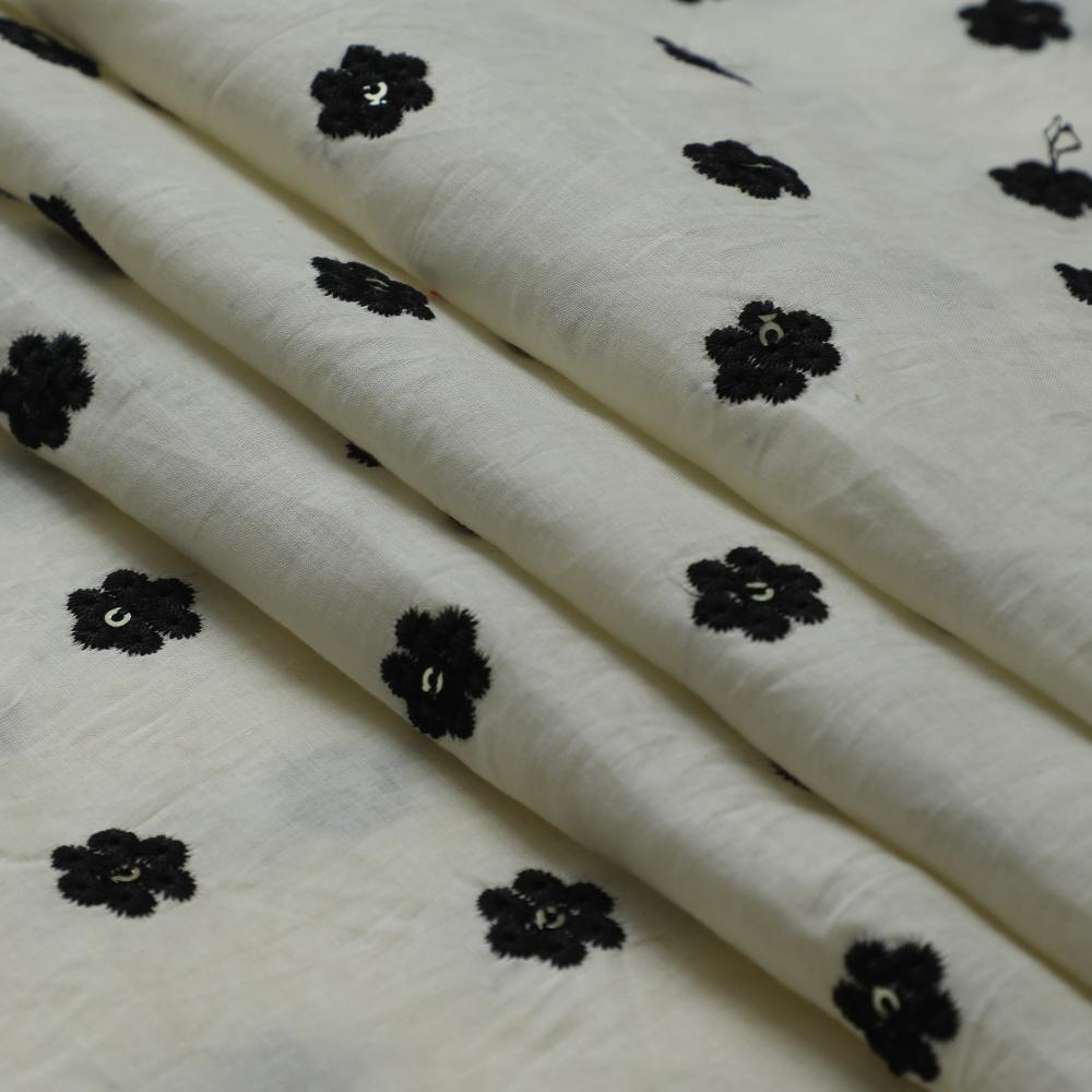 Off White-Black Color Embroidered Cotton Lawn Fabric