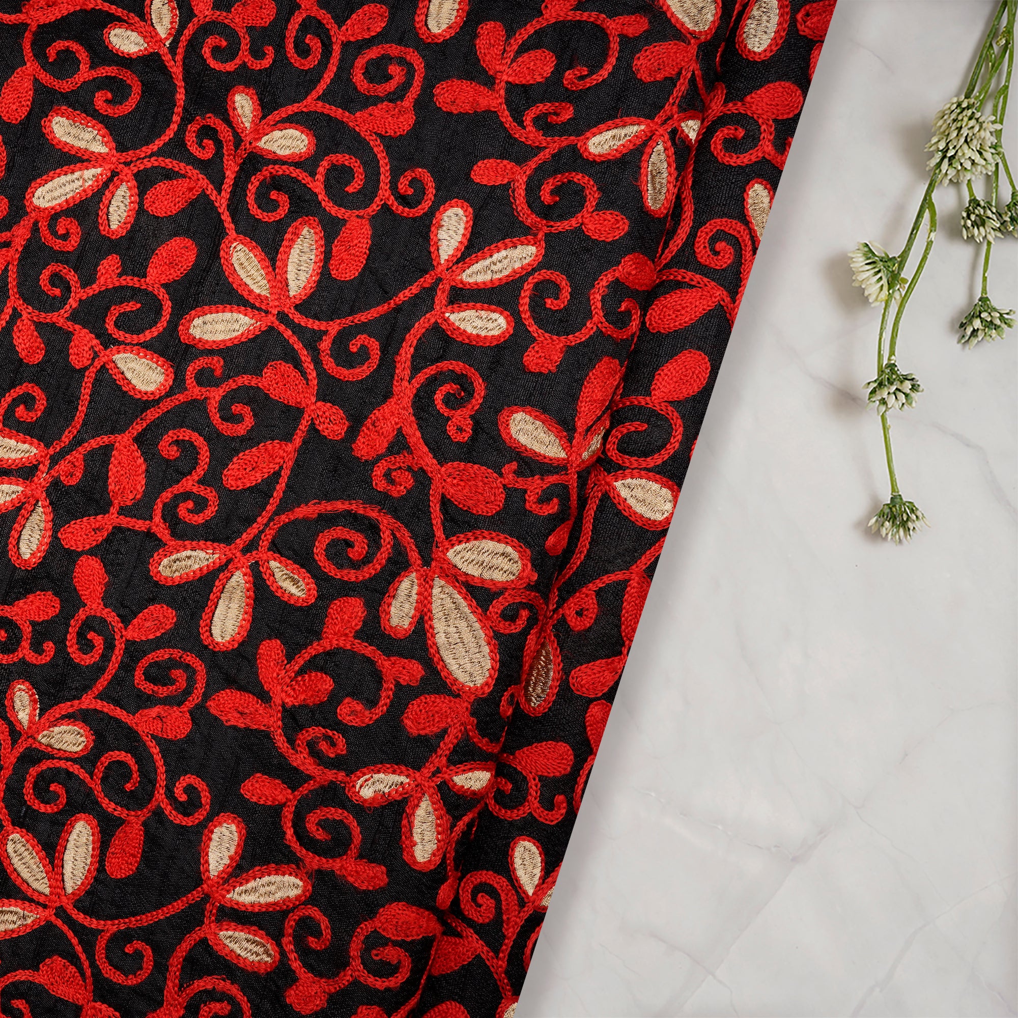 Black-Red Color Embroidered Dupion Silk Fabric