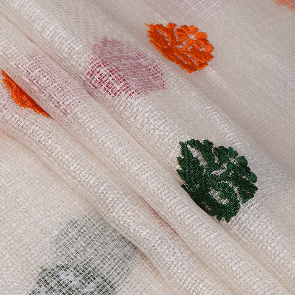 White Color Embroidered Kota Silk Fabric