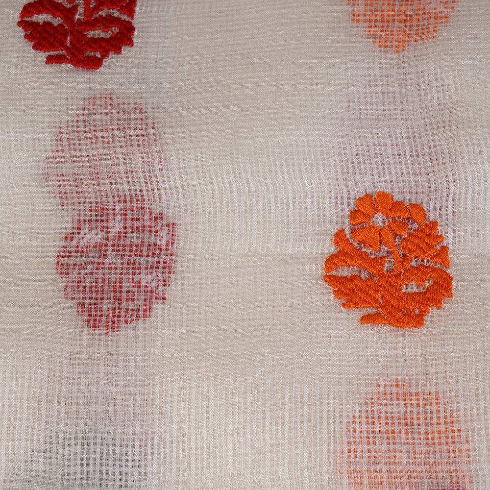 White Color Embroidered Kota Silk Fabric
