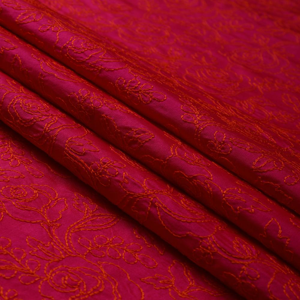 Magenta-Orange Color Embroidered Plain Silk Fabric