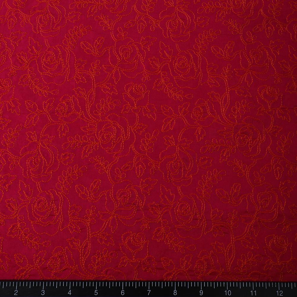 Magenta-Orange Color Embroidered Plain Silk Fabric