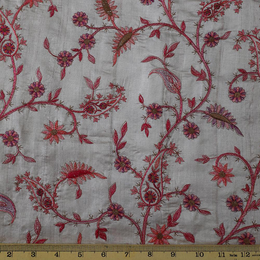 Beige Color Embroidered Tussar Silk Fabric
