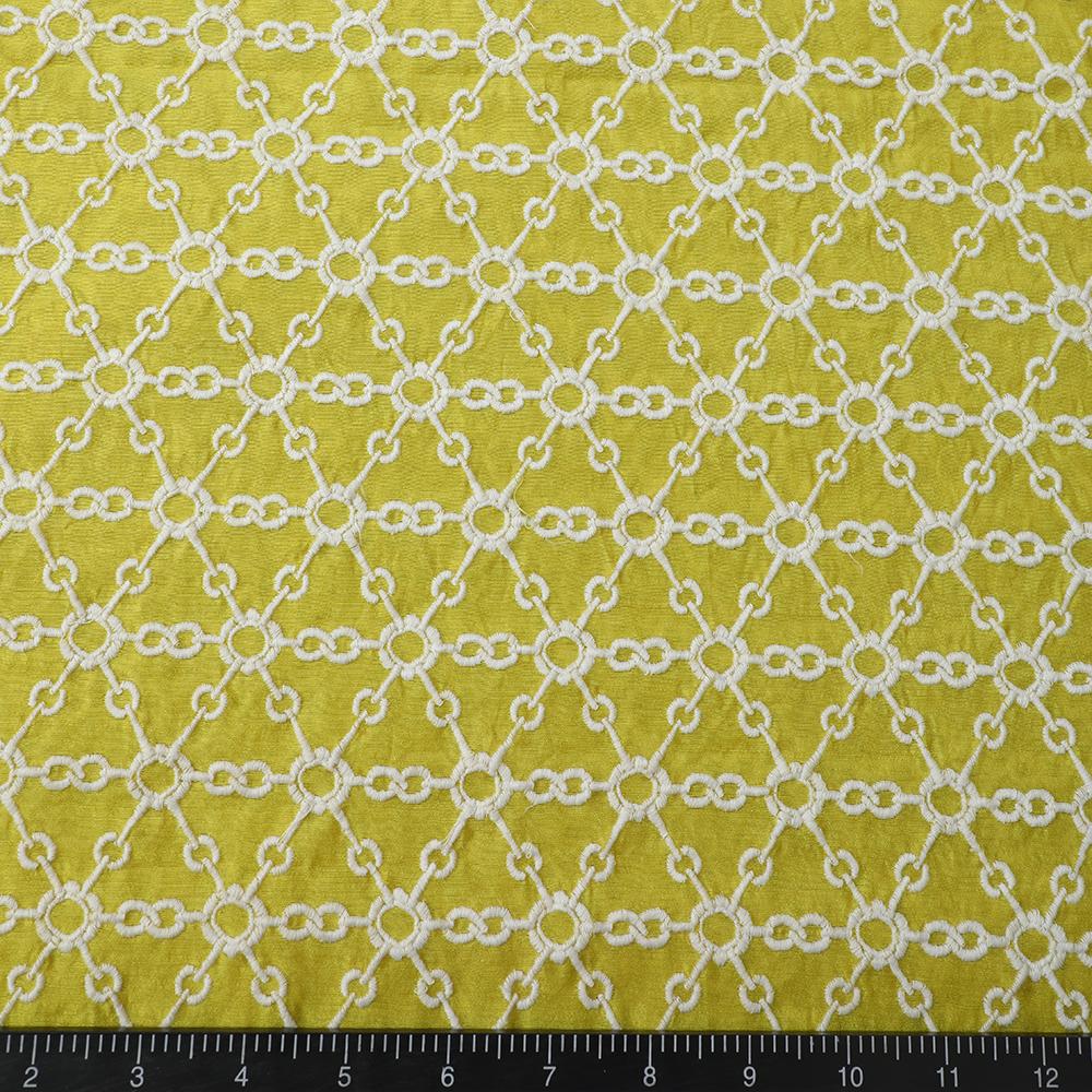 Lemon Yellow-White Color Embroidered Muga Silk Fabric