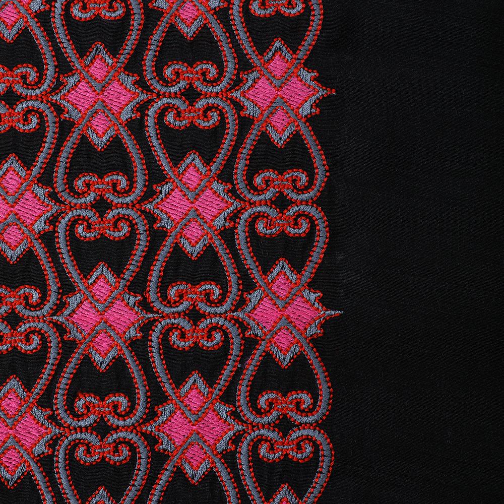 Black-Red Color Embroidered Muga Silk Fabric