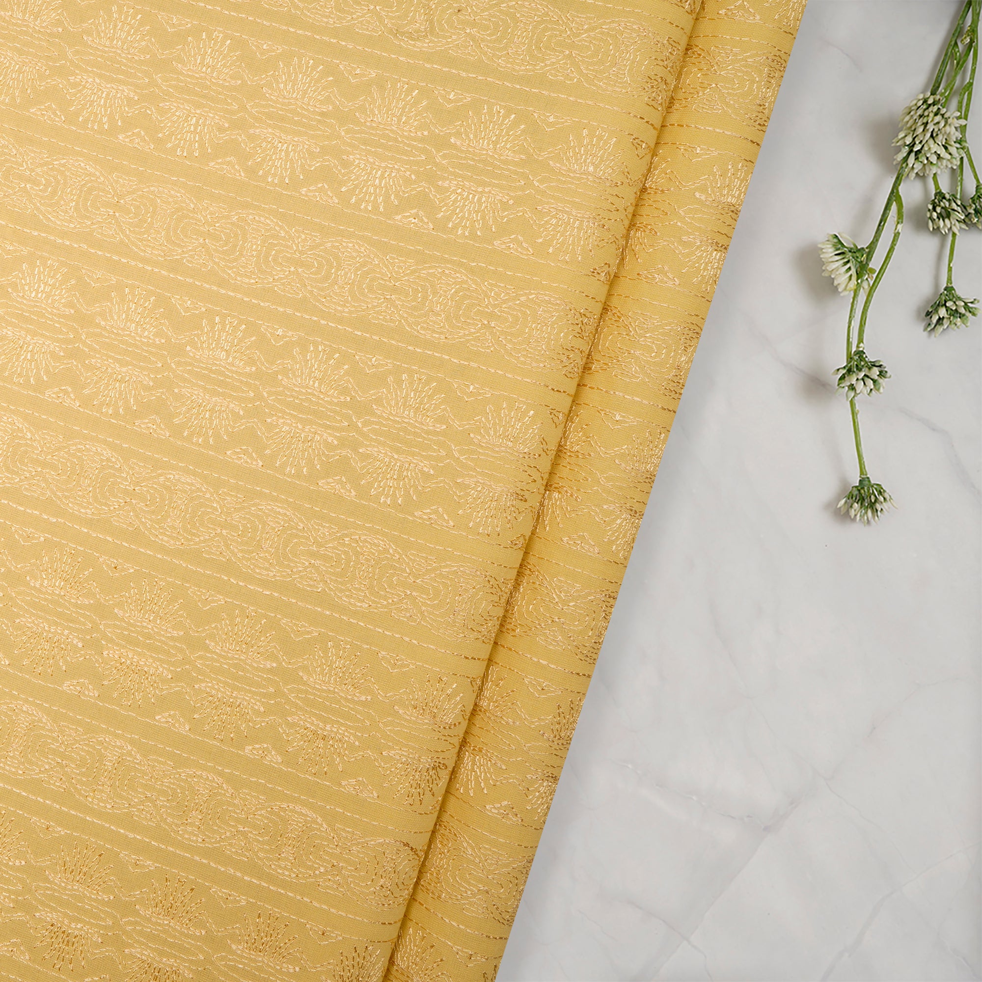 Daffodil Yellow Color Embroidered Cotton Voile Fabric