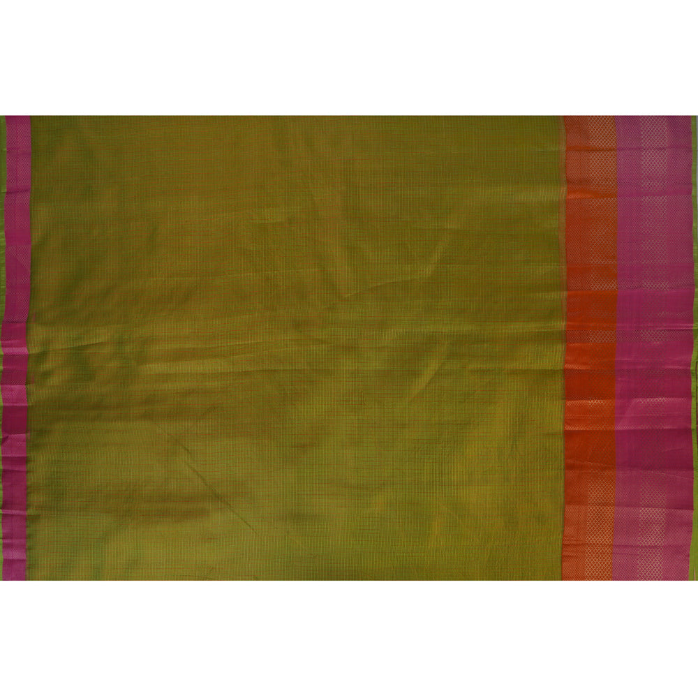 Green-Pink Color Handwoven Kota Silk Fabric with Zari Border