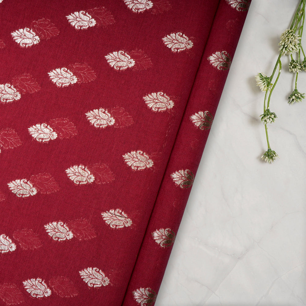 Red Floral Motif Pattern Chanderi Jacquard Fabric