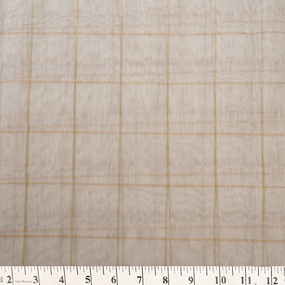 Off-White Color Checked Silk Linen Fabric With Zari Border