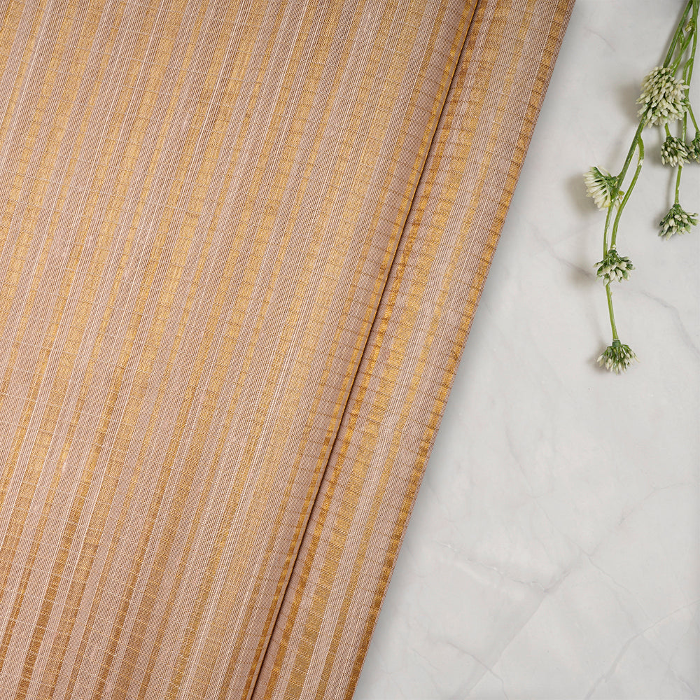 Tan Color Golden Zari Striped Fancy Silk-Cotton Tissue Fabric