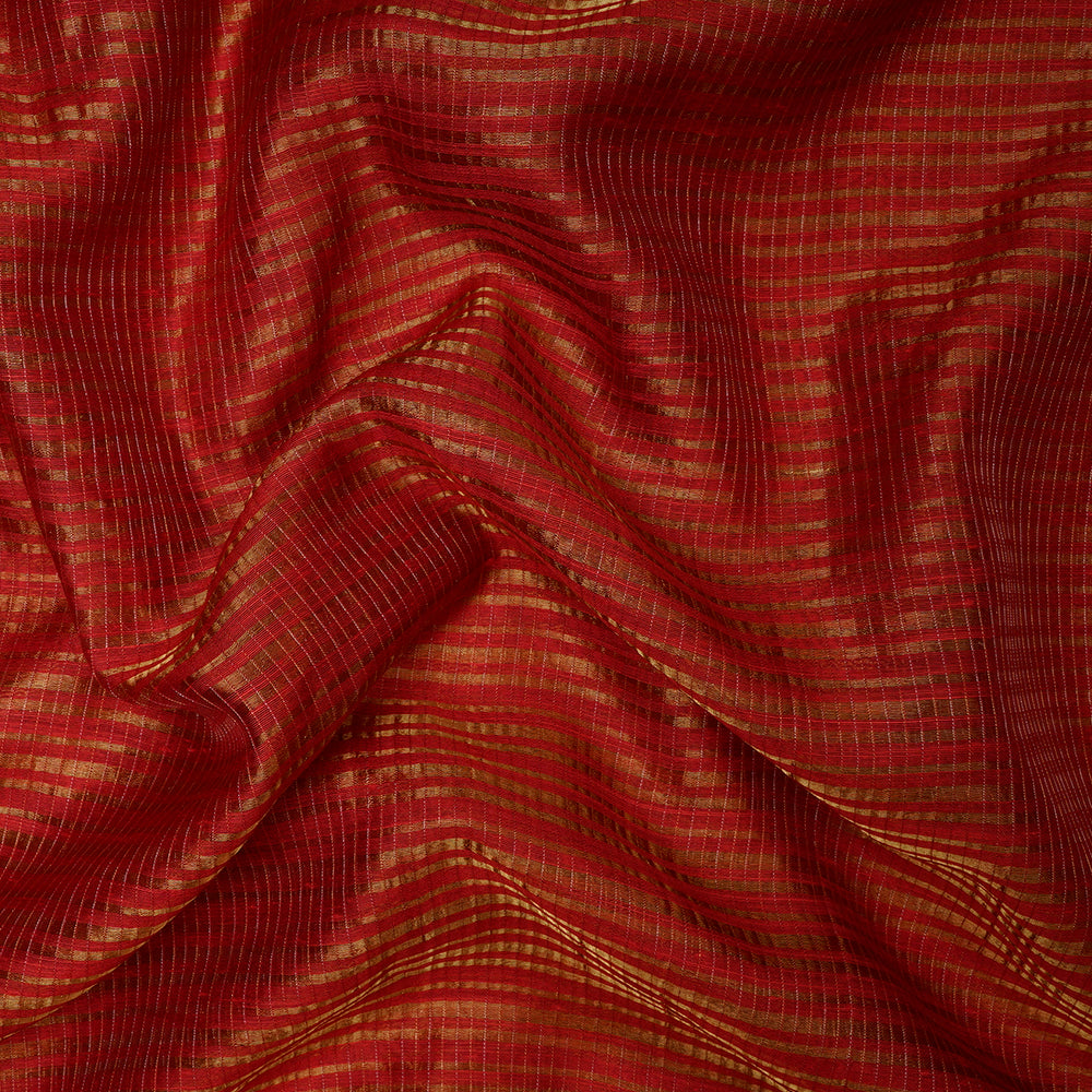 Red Color Golden Zari Striped Fancy Silk-Cotton Tissue Fabric