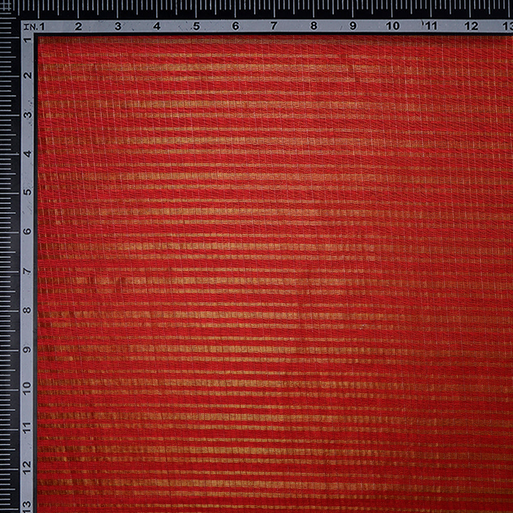 Red Color Golden Zari Striped Fancy Silk-Cotton Tissue Fabric