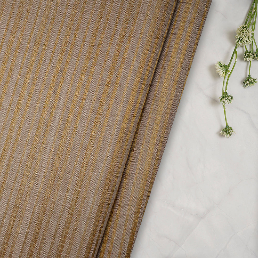 Grey Color Golden Zari Striped Fancy Silk-Cotton Tissue Fabric