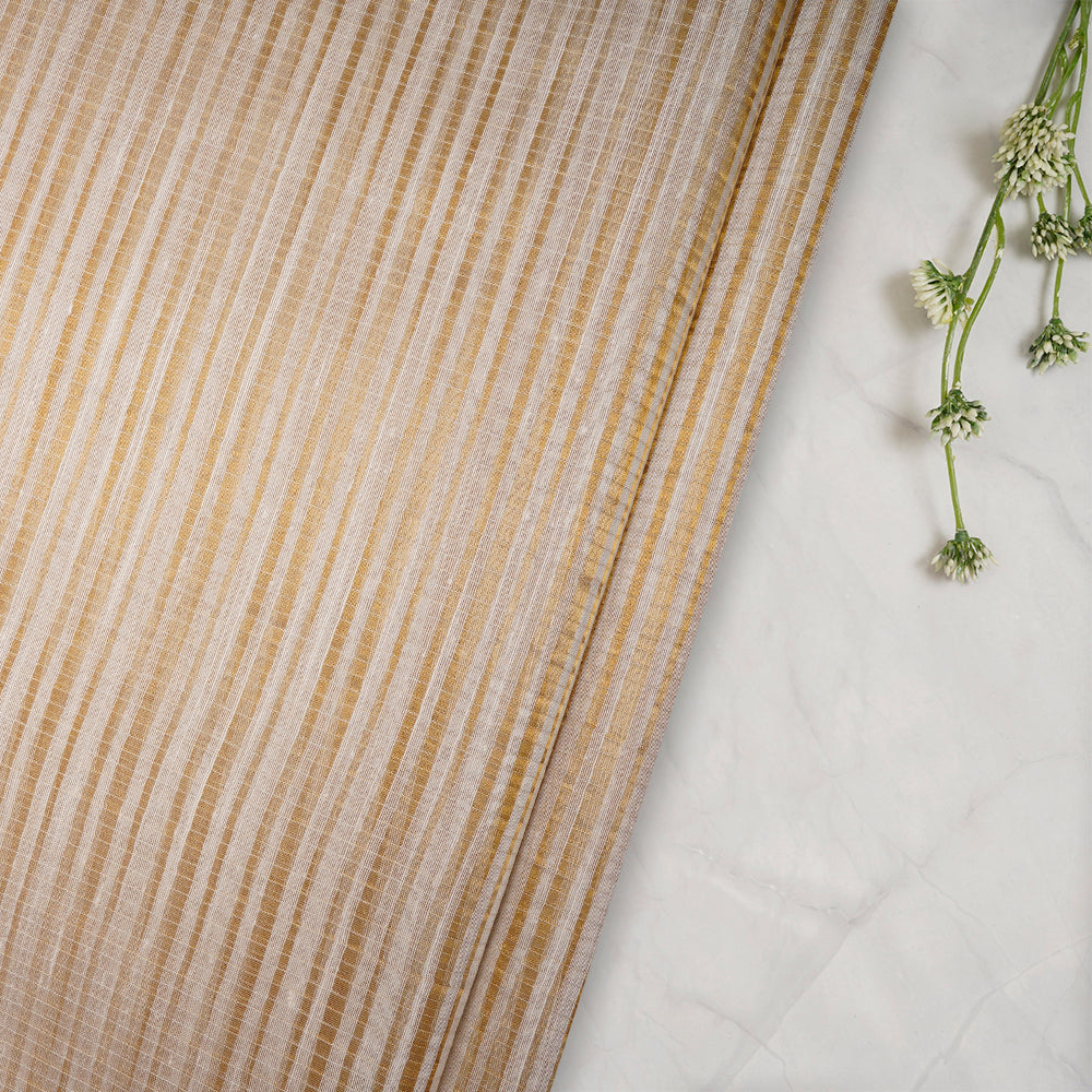 Cream Color Golden Zari Striped Fancy Silk-Cotton Tissue Fabric