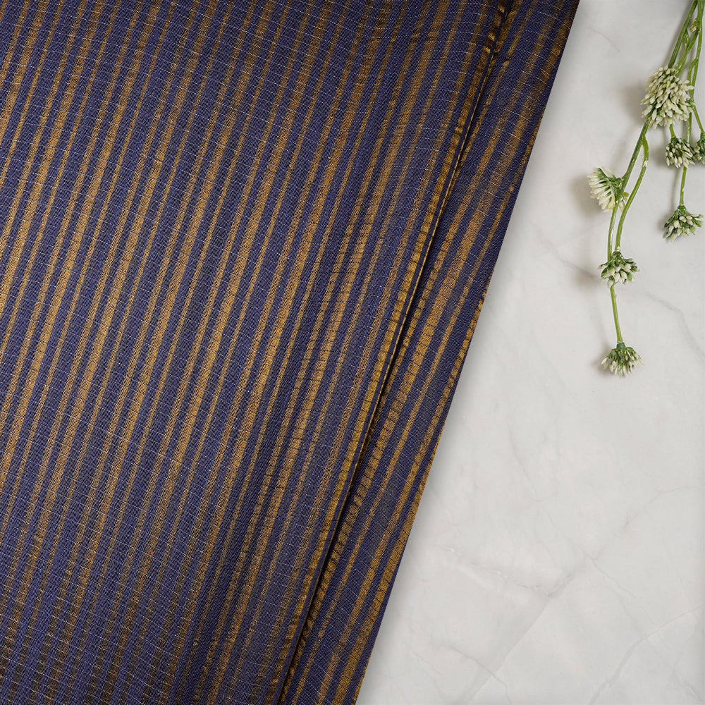 Navy Color Golden Zari Striped Fancy Silk-Cotton Tissue Fabric