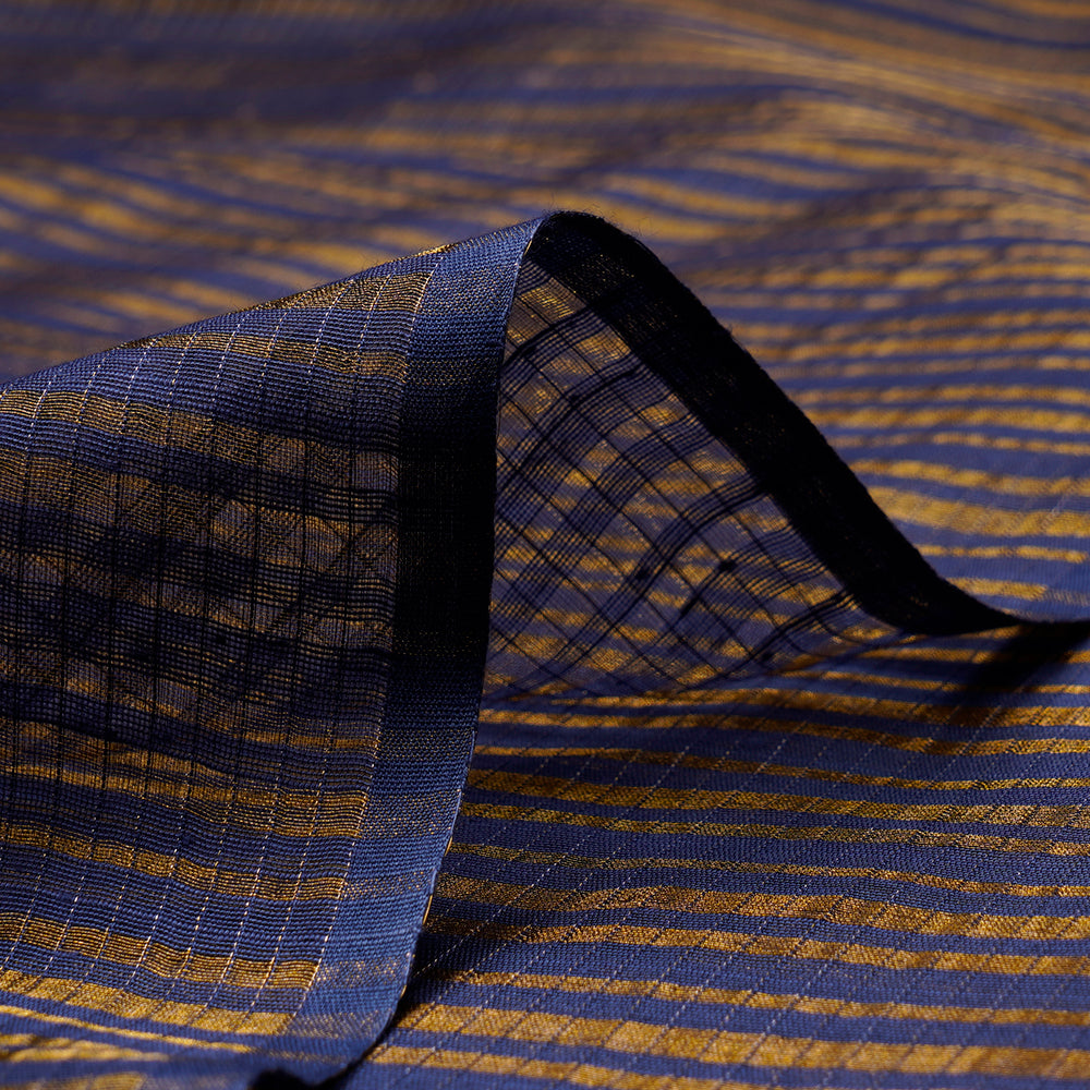 Navy Color Golden Zari Striped Fancy Silk-Cotton Tissue Fabric