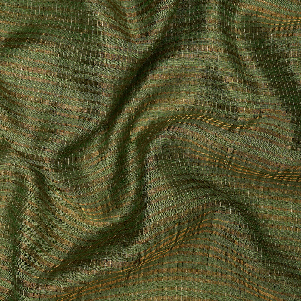 Green Color Golden Zari Striped Fancy Silk-Cotton Tissue Fabric