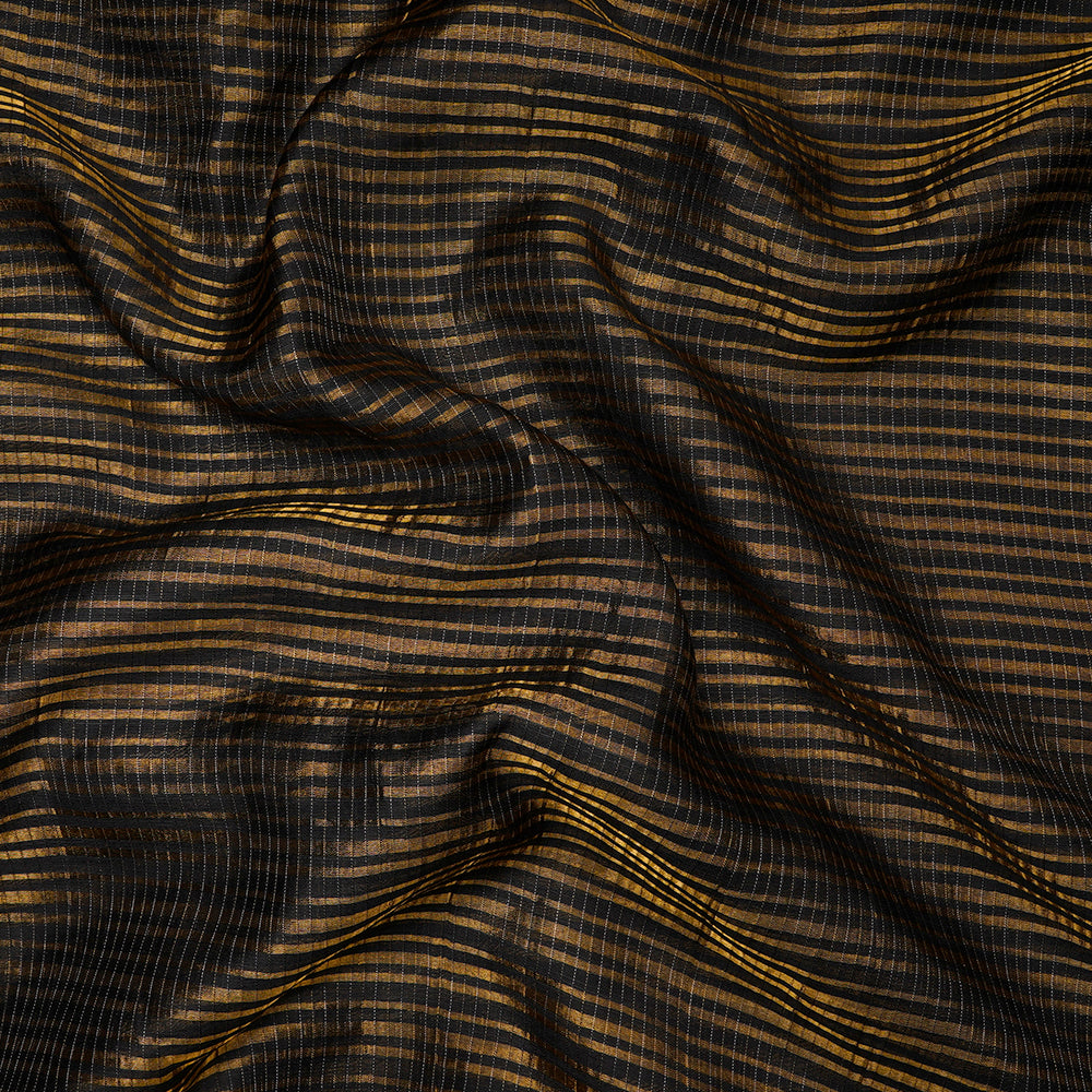 Black Color Golden Zari Striped Fancy Silk-Cotton Tissue Fabric