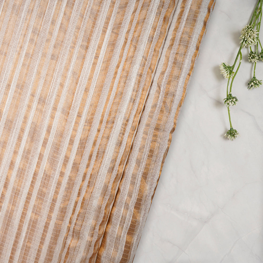 White-Gold Zari Striped Fancy Silk-Cotton Dyeable Tissue Fabric