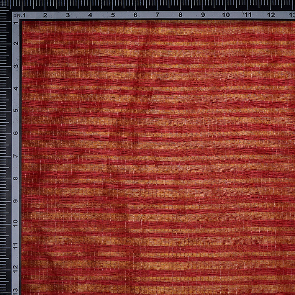 Red Color Golden Zari Striped Fancy Silk-Linen Tissue Fabric