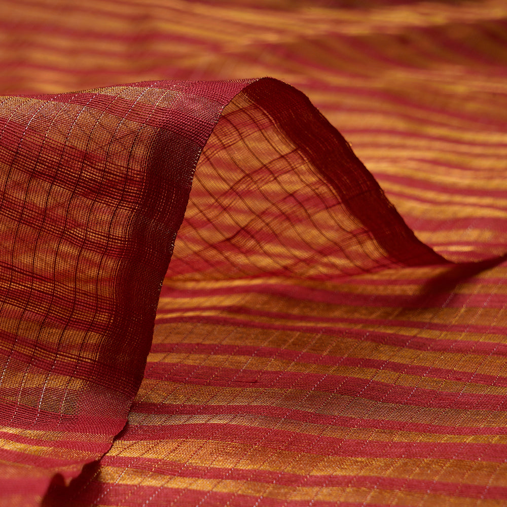 Red Color Golden Zari Striped Fancy Silk-Linen Tissue Fabric