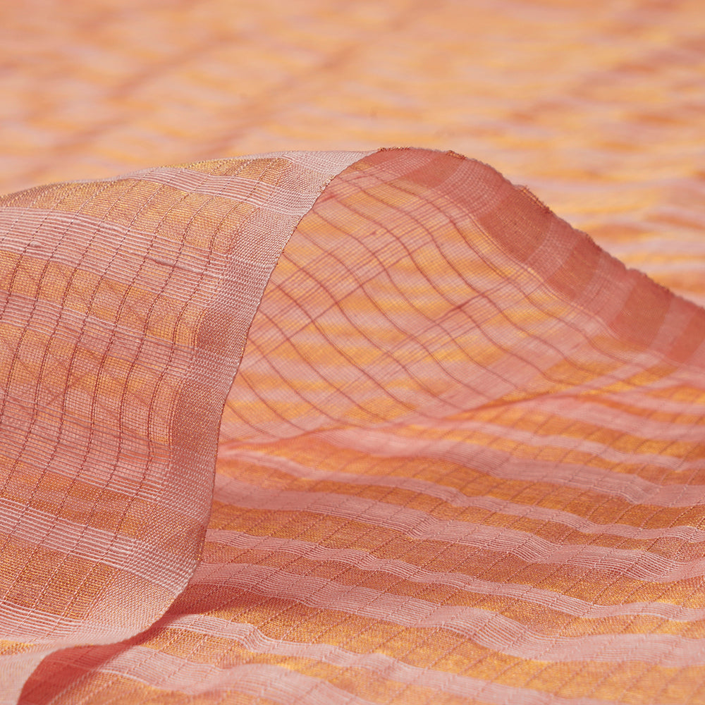 Peach Color Golden Zari Striped Fancy Silk-Linen Tissue Fabric