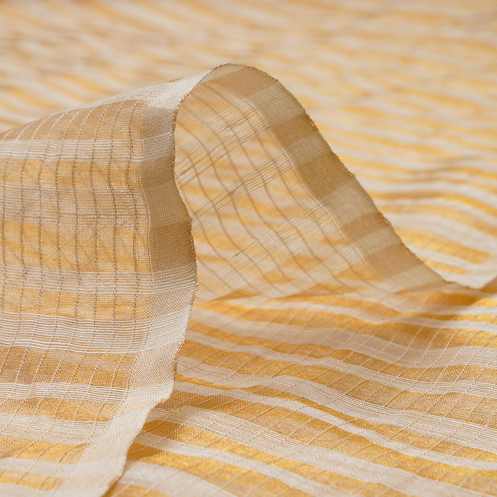 Cream Color Golden Zari Striped Fancy Silk-Linen Tissue Fabric