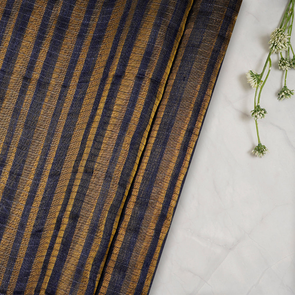Navy Color Golden Zari Striped Fancy Silk-Linen Tissue Fabric