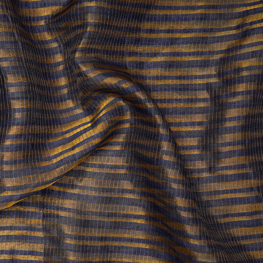 Navy Color Golden Zari Striped Fancy Silk-Linen Tissue Fabric