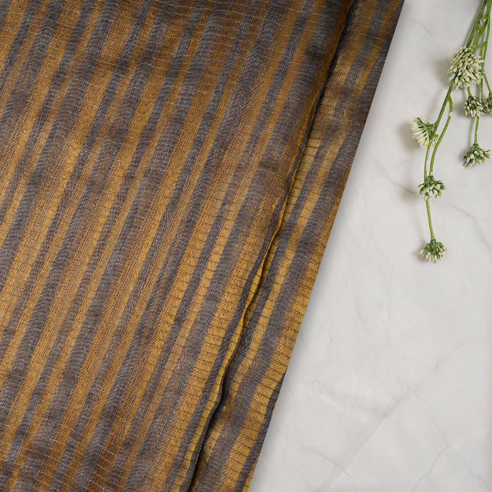 Grey Color Golden Zari Striped Fancy Silk-Linen Tissue Fabric