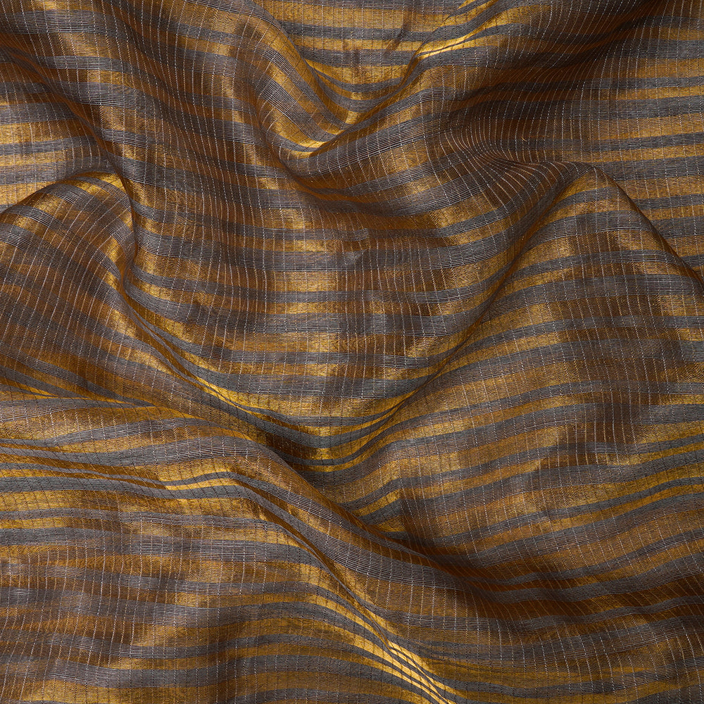 Grey Color Golden Zari Striped Fancy Silk-Linen Tissue Fabric