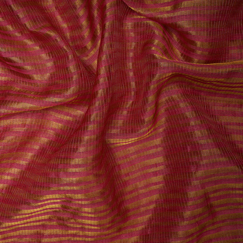 Pink Color Golden Zari Striped Fancy Silk-Linen Tissue Fabric