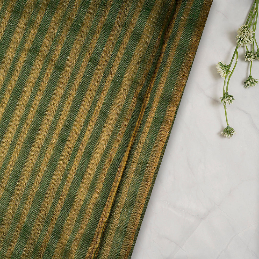Green Color Golden Zari Striped Fancy Silk-Linen Tissue Fabric