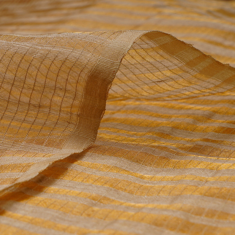 Tan Color Golden Zari Striped Fancy Silk-Linen Tissue Fabric