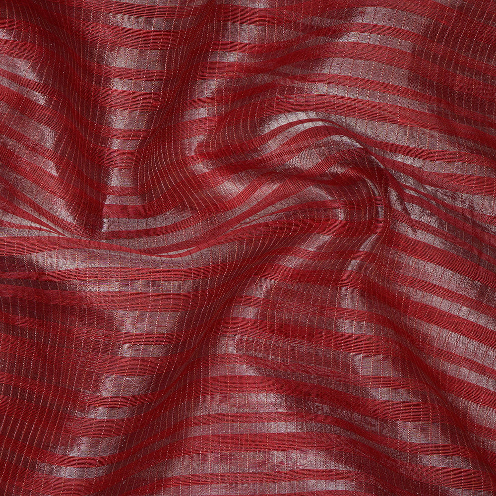 Red Color Silver Zari Striped Fancy Silk-Linen Tissue Fabric