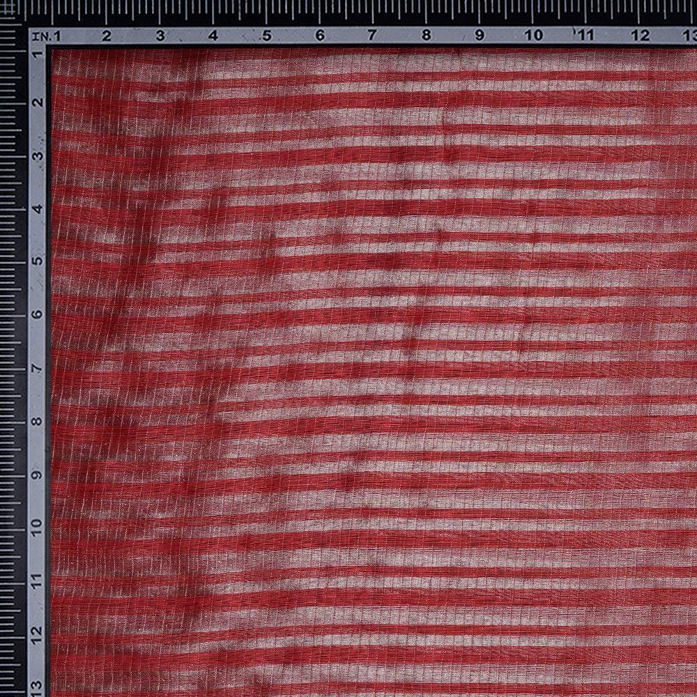 Red Color Silver Zari Striped Fancy Silk-Linen Tissue Fabric
