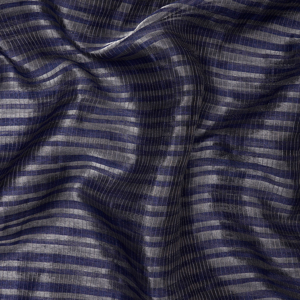 Navy Color Silver Zari Striped Fancy Silk-Linen Tissue Fabric