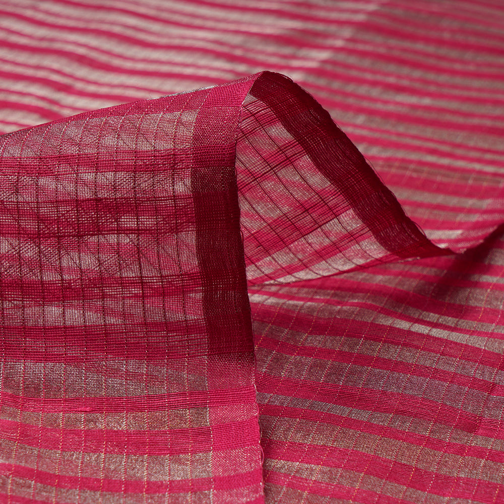 Pink Color Silver Zari Striped Fancy Silk-Linen Tissue Fabric