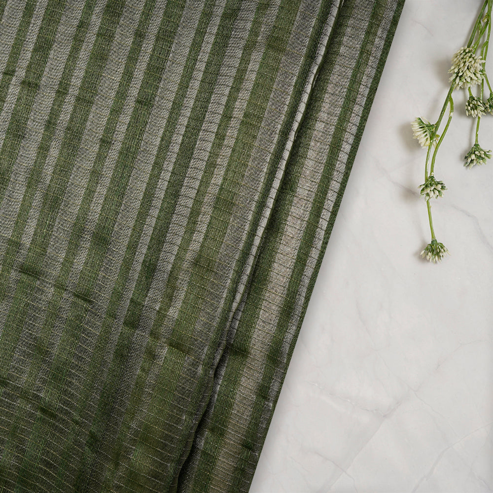 Green Color Silver Zari Striped Fancy Silk-Linen Tissue Fabric