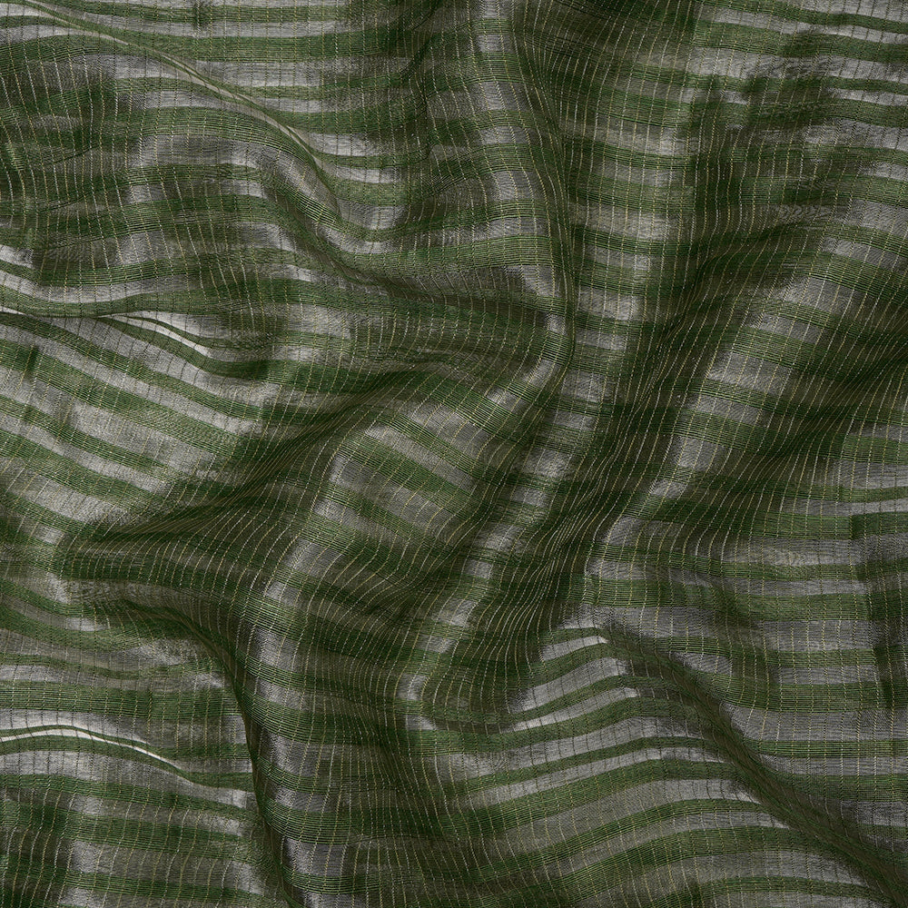 Green Color Silver Zari Striped Fancy Silk-Linen Tissue Fabric