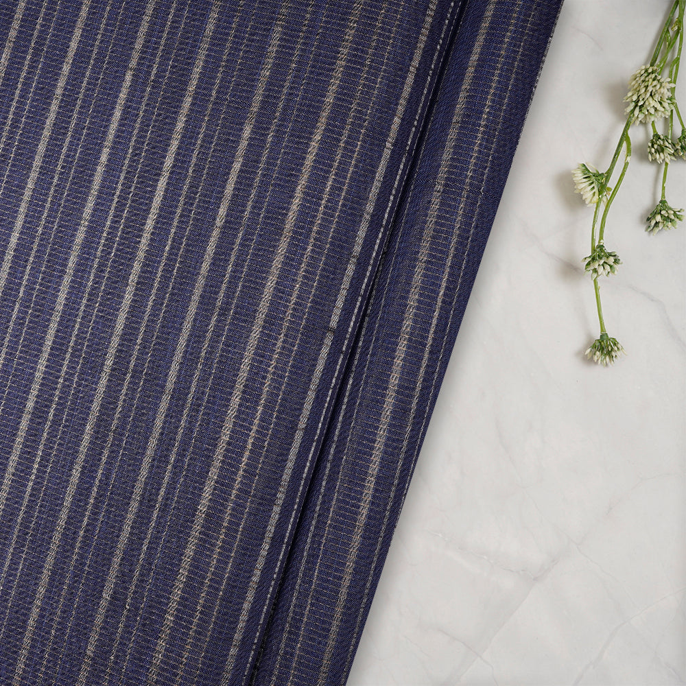 Navy Color Silver Zari Striped Fancy Viscose-Linen Tissue Fabric