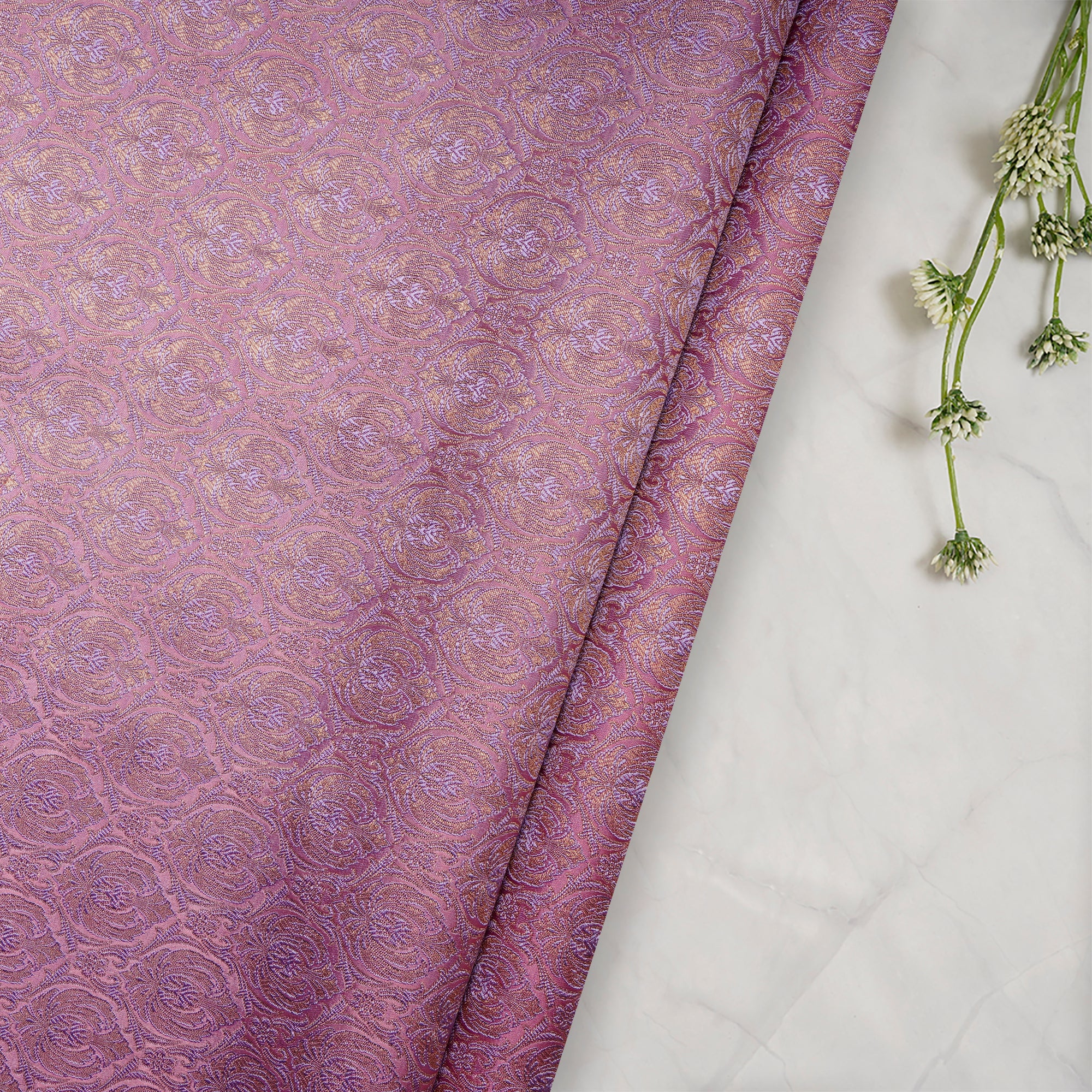 Purplish Pink Handwoven Banarasi Brocade Silk Fabric