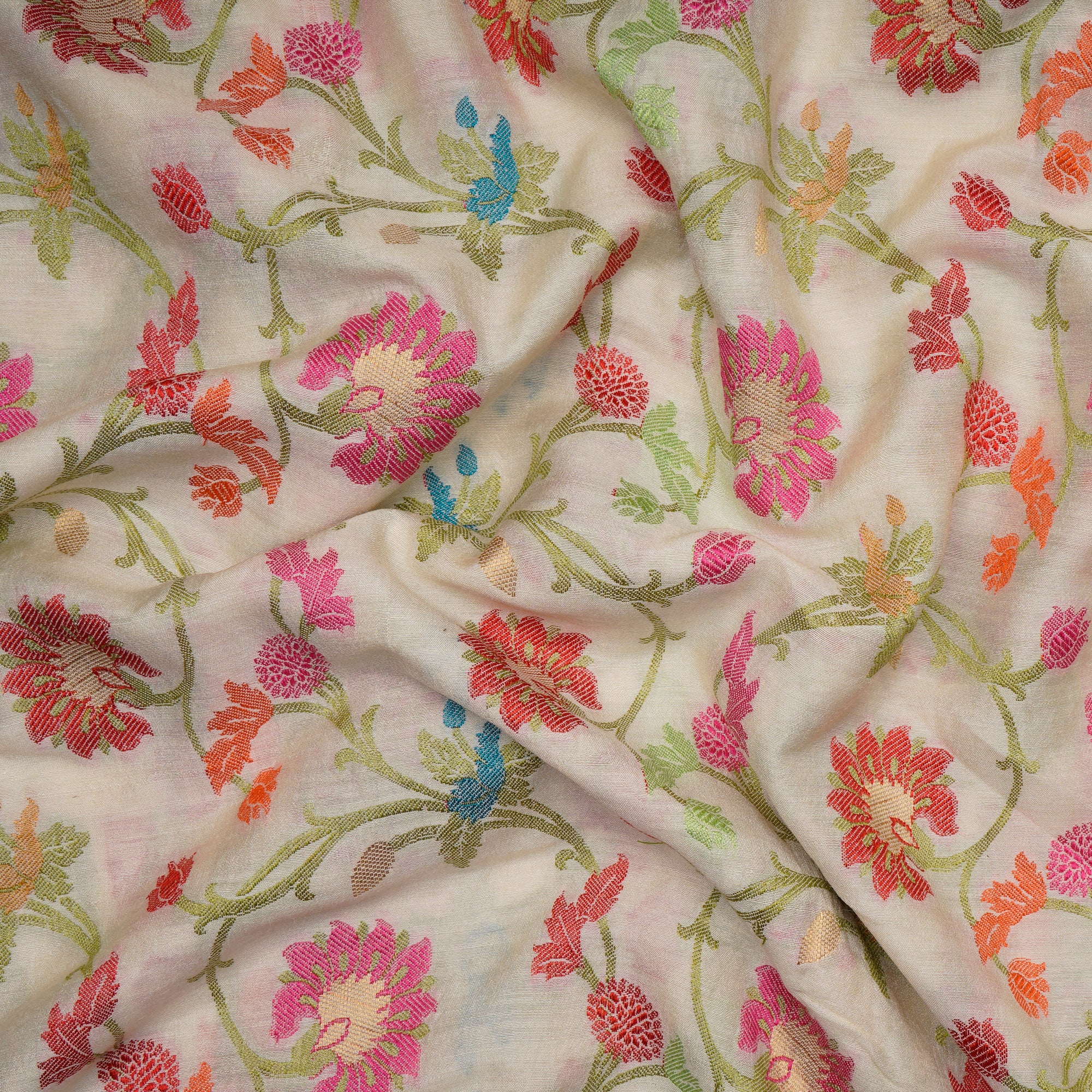 Multi Color All Over Pattern Handwoven Banarasi Munga Jacquard Silk Fabric
