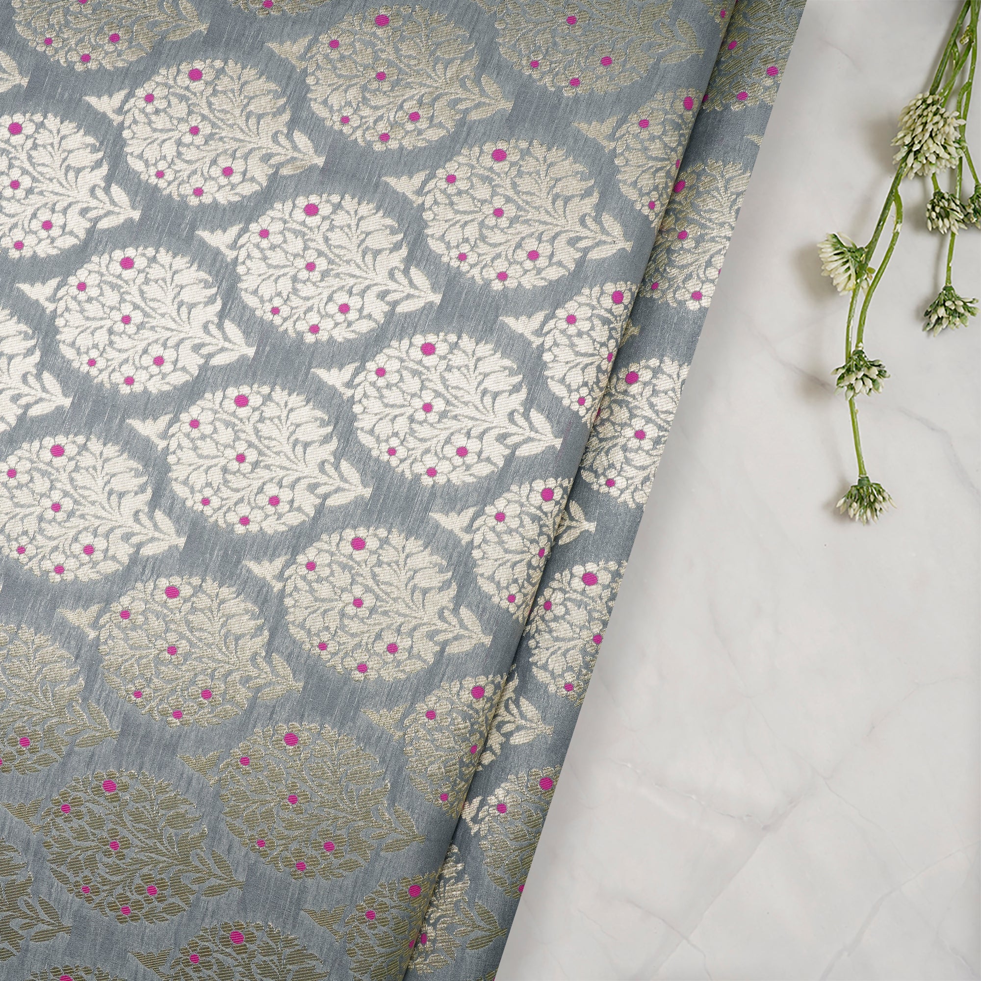 Light Grey Banarasi Blended Brocade Fabric